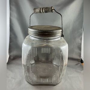 Vintage Hoosier Large Glass Cube Jar with Metal Lid and Handle 
Dominion Glass